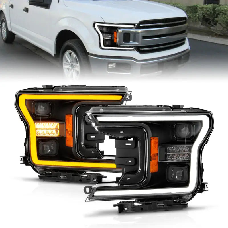 ANZO 111570 ANZO 18-20 Ford F-150 (w/o Fctry LED) Full LED Proj Headlights w/Light Bar Swtchbk Seq. Black w/Init