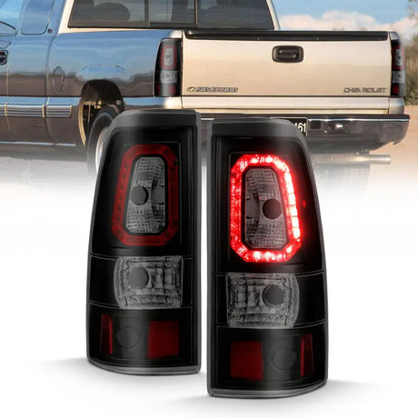Black LED taillights for Chevy Silverado 1999-2002 in plank style with smoke lens