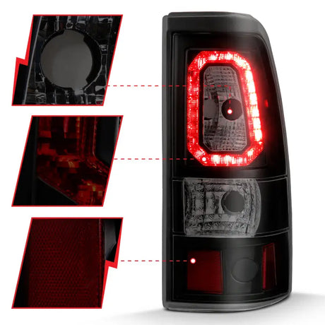 Black LED tail light assembly for Chevy Silverado with plank style smoke lens