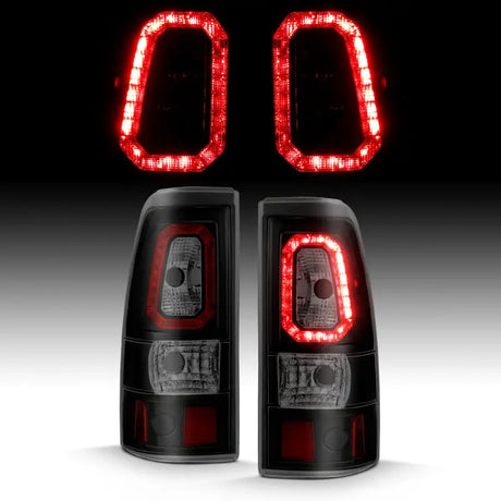 Black Chevy Silverado LED taillights with red accents in plank style and smoke lens