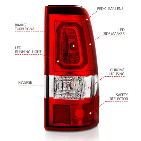 Red and clear Chevy Silverado LED taillights with a stylish plank style chrome lens