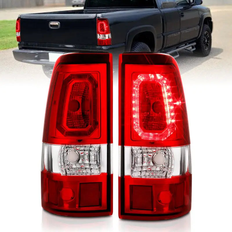 Red Chevy Silverado LED taillights with clear lens and chrome finish for style