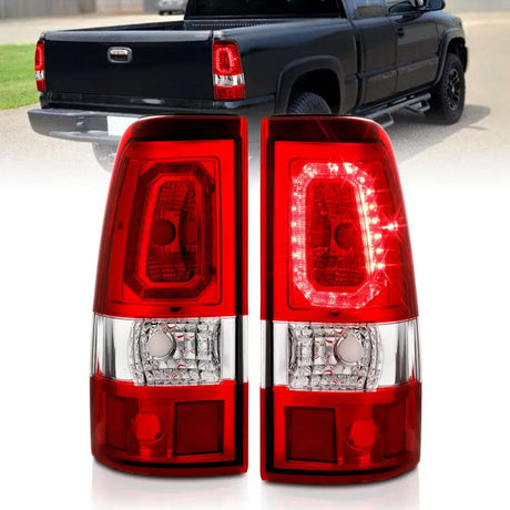 Red Chevy Silverado LED taillights with clear lens and chrome finish for style