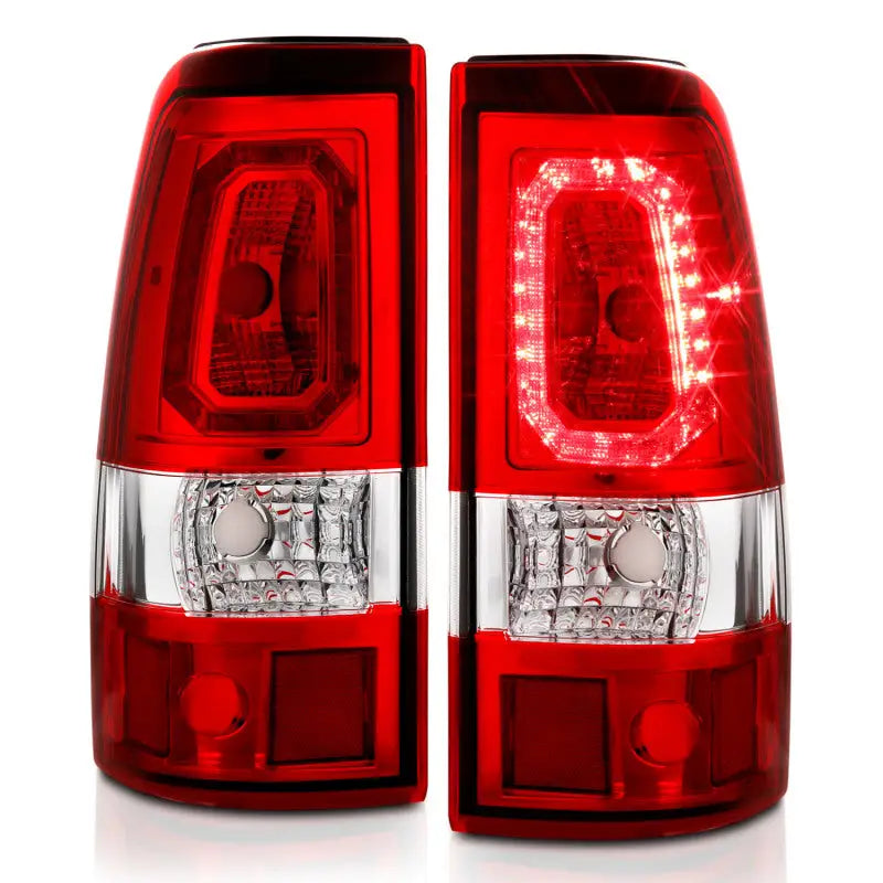 Pair of Chevy Silverado LED taillights with red clear lens in chrome finish