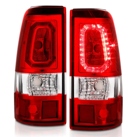 Pair of Chevy Silverado LED taillights with red clear lens in chrome finish