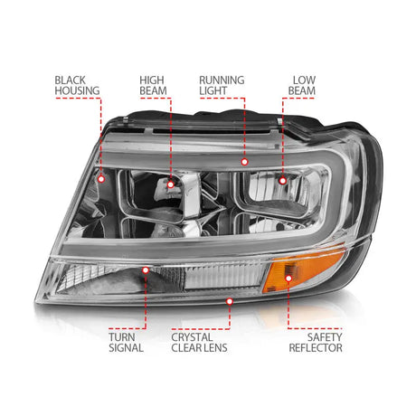 Automotive headlight for Jeep Grand Cherokee with crystal lens and black housing