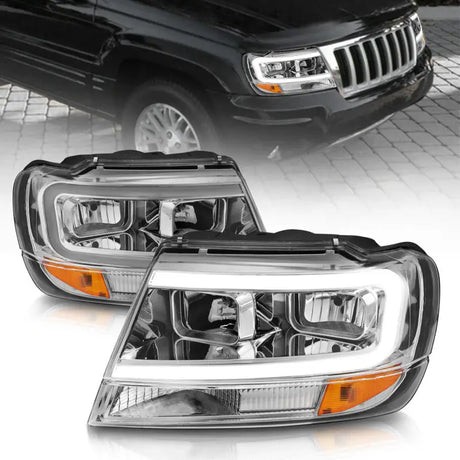 Aftermarket Jeep Grand Cherokee headlights with LED DRLs and turn signals in chrome housing