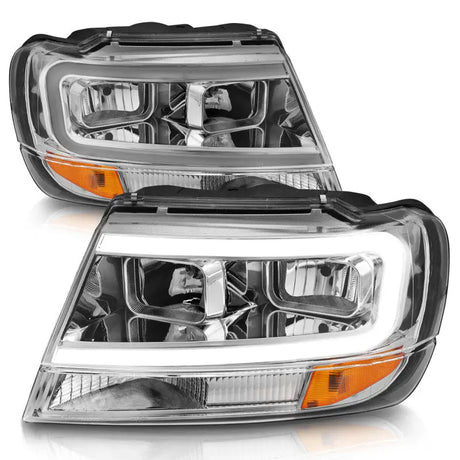 Jeep Grand Cherokee crystal headlights with chrome housing, projector lens, LED DRLs and amber turn signals