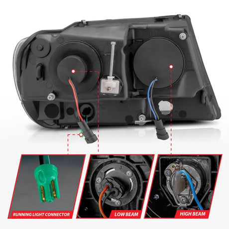 Automotive headlight assembly for Jeep Grand Cherokee with detailed running, low, and high beam views