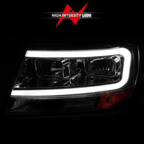 Bright LED daytime running lights on ANZO Jeep Grand Cherokee crystal headlights