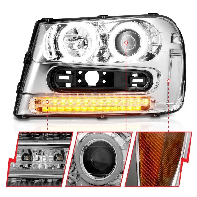 Chrome Chevrolet Trailblazer projector headlight set with LED DRLs and halo accents