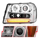 Chrome Chevrolet Trailblazer projector headlight set with LED DRLs and halo accents