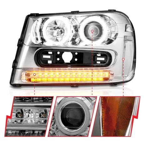 Chrome Chevrolet Trailblazer projector headlight set with LED DRLs and halo accents
