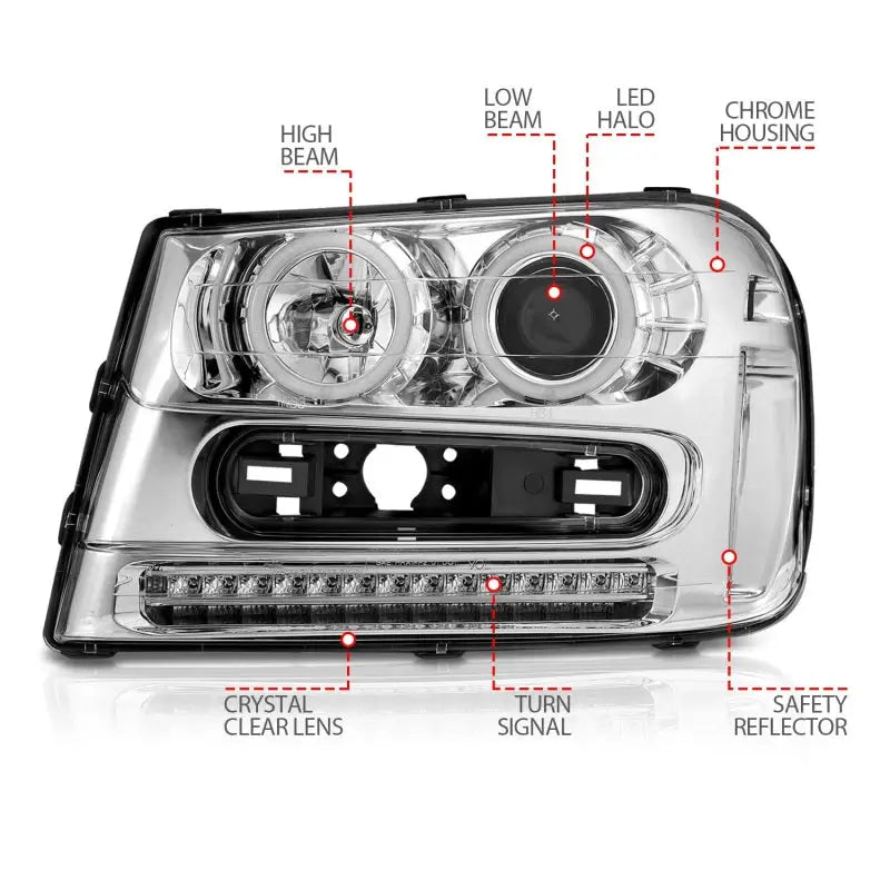 Shiny chrome Chevrolet Trailblazer projector headlight set with LED halo and safety features