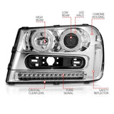 Shiny chrome Chevrolet Trailblazer projector headlight set with LED halo and safety features