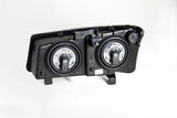 Rear view of Chevrolet Silverado crystal headlights black with two bulb sockets installed