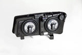 Rear view of black chevrolet silverado crystal headlights with two bulb sockets