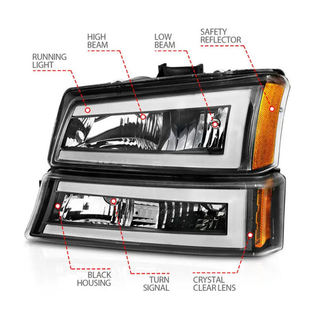 ANZO 2003-2006 Chevrolet Silverado 1500 Crystal Headlights w/ Light Bar Black Housing - Truck & Automotive