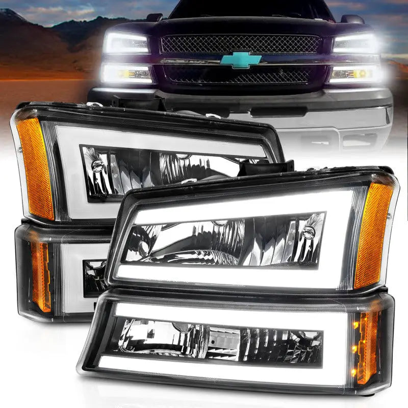 ANZO 2003-2006 Chevrolet Silverado 1500 Crystal Headlights w/ Light Bar Black Housing - Truck & Automotive