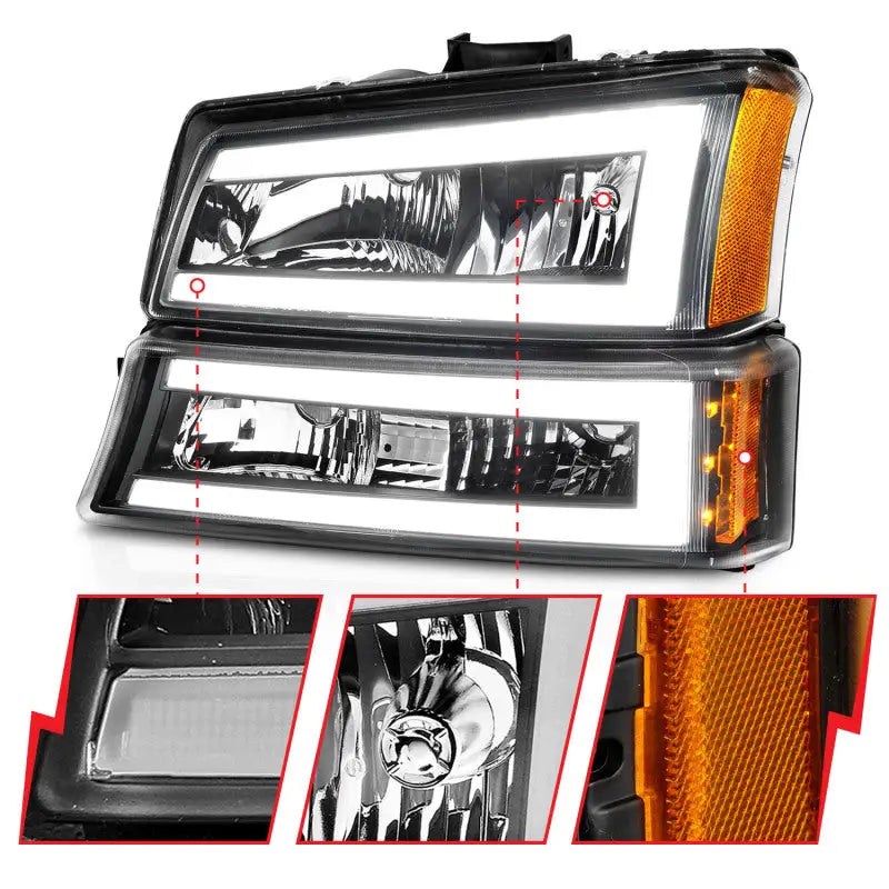 ANZO 2003-2006 Chevrolet Silverado 1500 Crystal Headlights w/ Light Bar Black Housing - Truck & Automotive