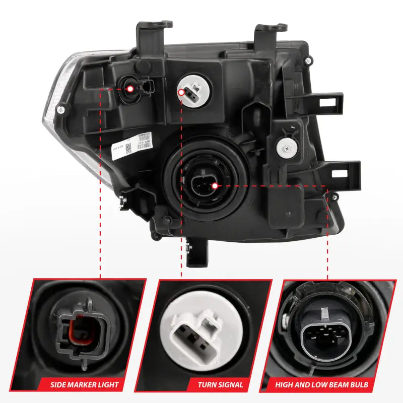 Rear view of Nissan Pathfinder crystal headlight assembly with connections for signals and bulbs