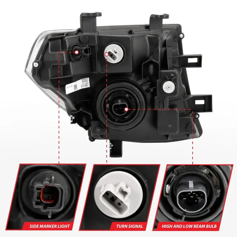 Automotive headlight assembly with labeled bulb types for Nissan Pathfinder crystal headlight