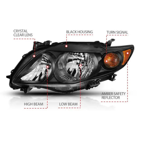 Toyota Corolla crystal headlight assembly with black amber finish for 2009-2010 models