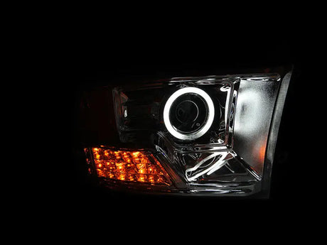 Dodge Ram projector headlights with halo chrome ring and amber LED turn signal