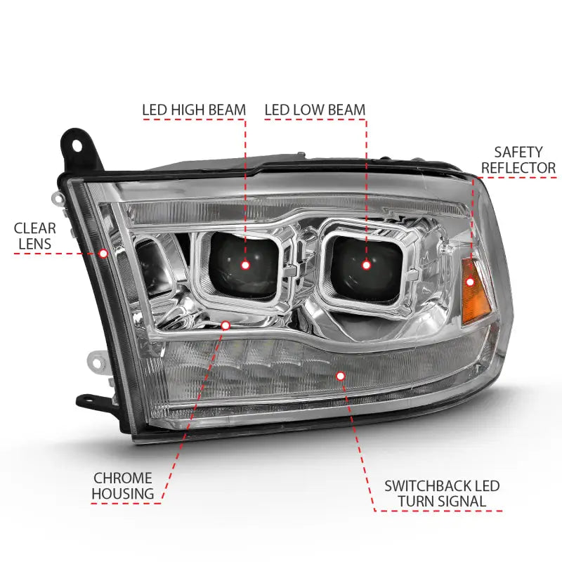 Chrome dodge ram headlight with LED projector and plank style switchback beams
