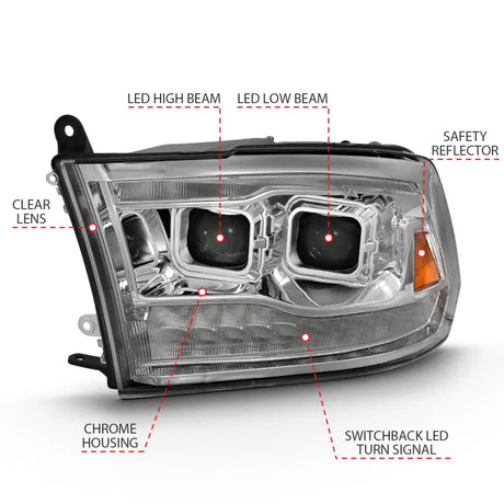 Chrome dodge ram headlight with LED projector and plank style switchback beams