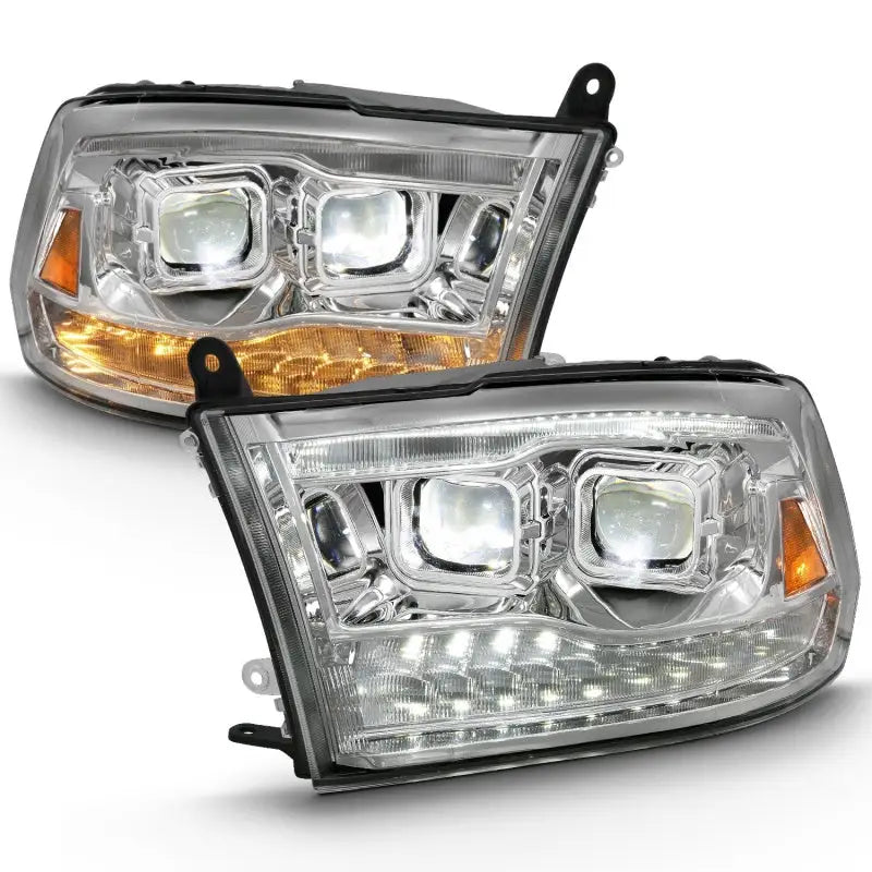 Chrome truck headlights with LED projector and plank style switchback for Dodge Ram