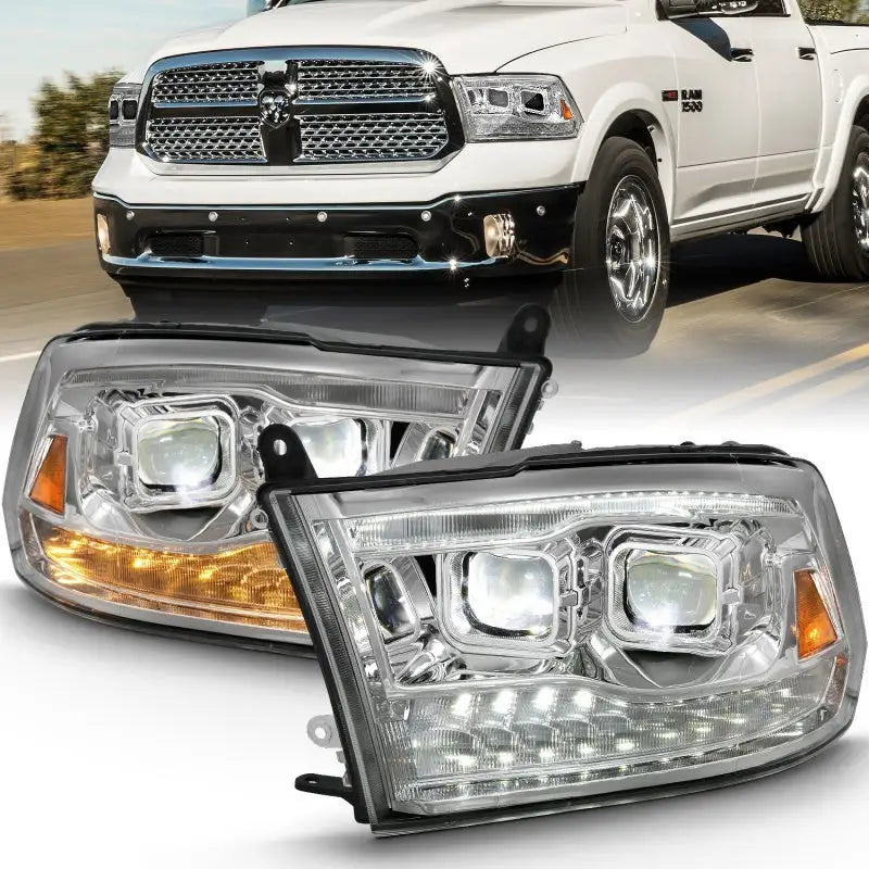Pair of aftermarket dodge ram LED projector plank style switchback headlights in chrome and amber