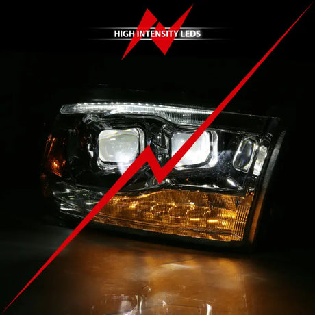 Illuminated car headlight with LED projector and plank style switchback for Dodge Ram