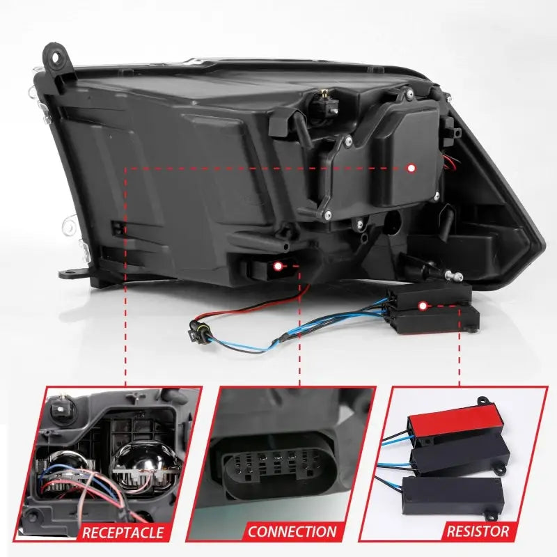 Automotive headlight assembly with wiring and resistors for dodge ram led projector plank style switchback