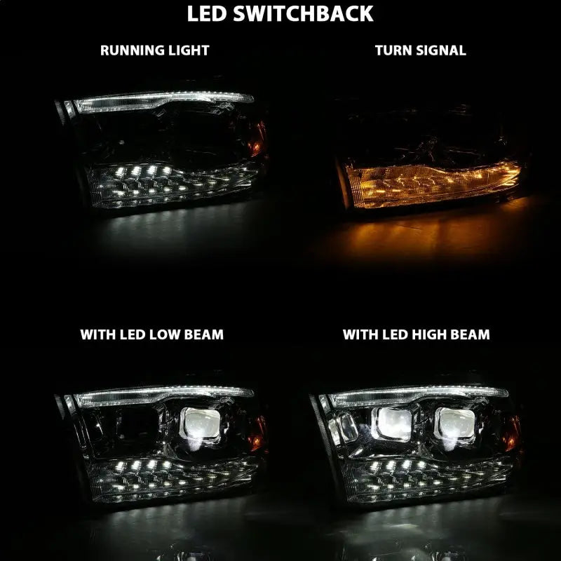 LED projector switchback headlights for Dodge Ram 1500 in plank style with chrome amber halo