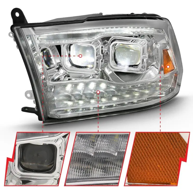Chrome car headlight for Dodge Ram LED projector with plank style switchback halo