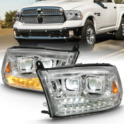 Chrome projector headlights for Dodge Ram with LED projector and plank style switchback