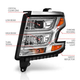 Chrome Chevy Tahoe projector headlights with LED DRL, turn signal, and safety reflector