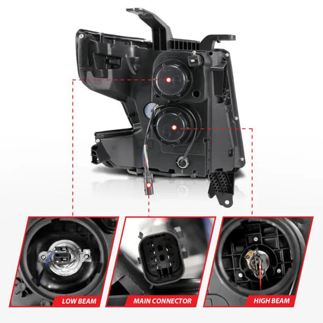 Chevy Tahoe projector headlights with highlighted low beam, high beam, and main connector components