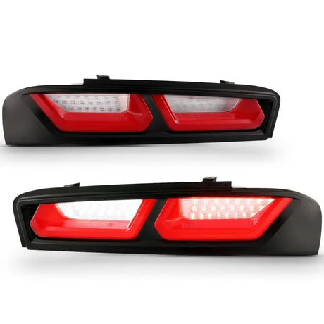 Black Chevrolet Camaro tail light assembly with red and white LED lights and clear lens