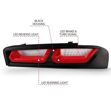 Black Chevrolet Camaro tail light assembly with clear lens and integrated LED lights