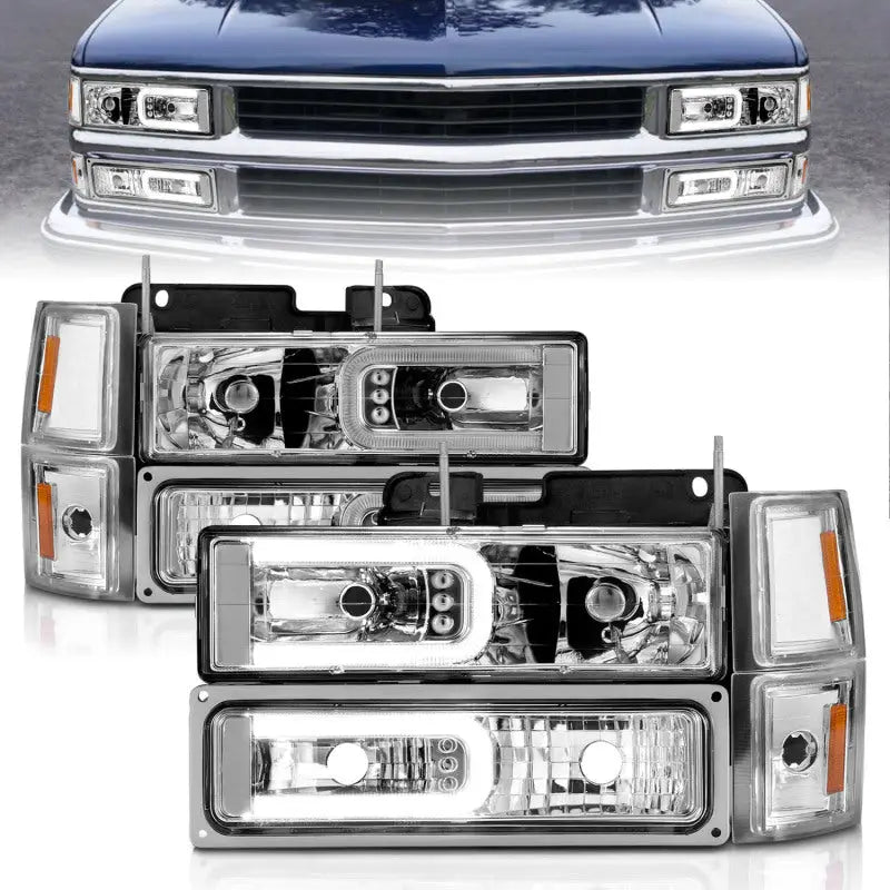 ANZO 111529 ANZO 88-98 Chevrolet C1500 Crystal Headlights w/Light Bar Chrome Housing w/ Signal Side Markers 8Pcs