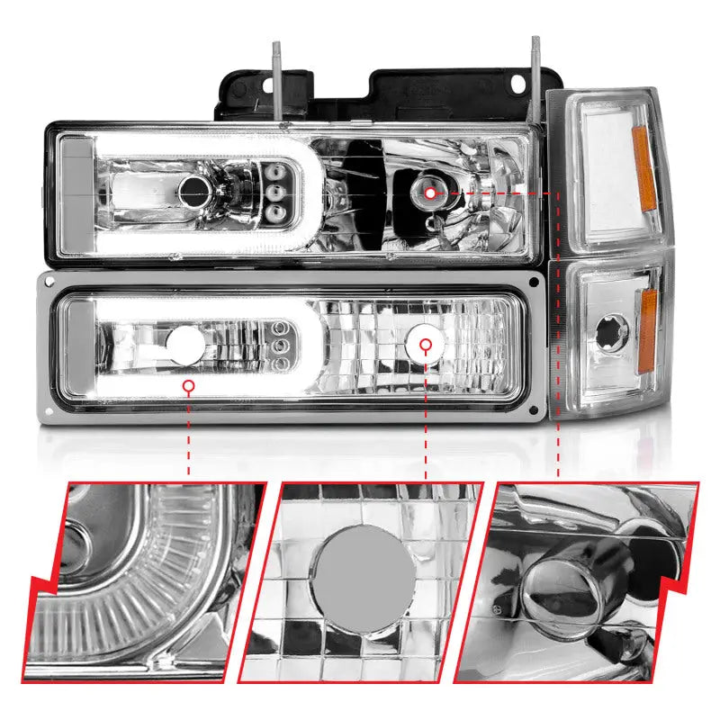 ANZO 111529 ANZO 88-98 Chevrolet C1500 Crystal Headlights w/Light Bar Chrome Housing w/ Signal Side Markers 8Pcs