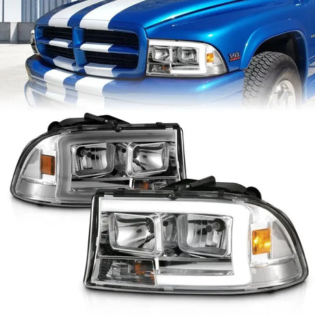 ANZO 97-04 Dodge Dakota/Durango Crystal headlight Set w/ Light Bar Chrome Housing - Truck & Automotive