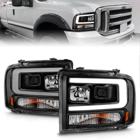 ANZO 99-04 Ford F250/F350/F450/Excursion (excl 99) Projector Headlights - w/ Light Bar Black Housing - Truck &