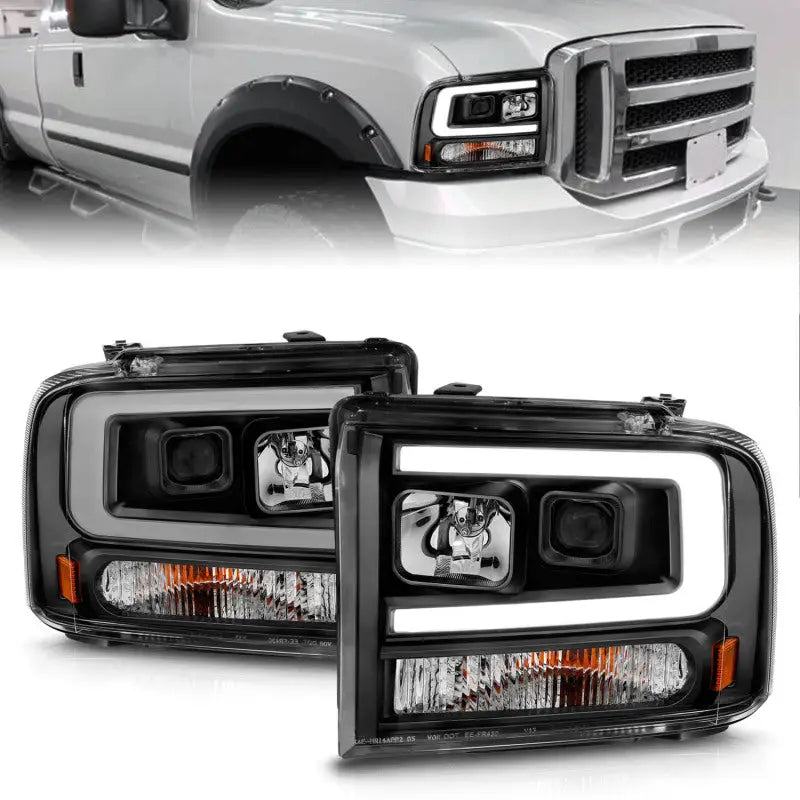ANZO 99-04 Ford F250/F350/F450/Excursion (excl 99) Projector Headlights - w/ Light Bar Black Housing - Truck &