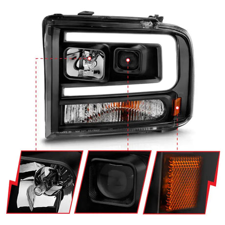 ANZO 99-04 Ford F250/F350/F450/Excursion (excl 99) Projector Headlights - w/ Light Bar Black Housing - Truck &