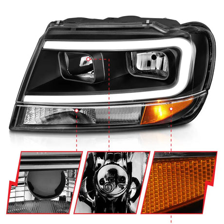 ANZO 99-04 Jeep Grand Cherokee Crystal Headlights - w/ Light Bar Black Housing - Truck & Automotive