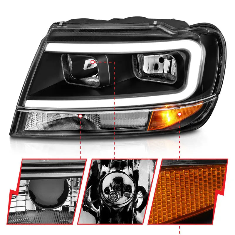 ANZO 99-04 Jeep Grand Cherokee Crystal Headlights - w/ Light Bar Black Housing - Truck & Automotive