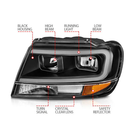 ANZO 99-04 Jeep Grand Cherokee Crystal Headlights - w/ Light Bar Black Housing - Truck & Automotive